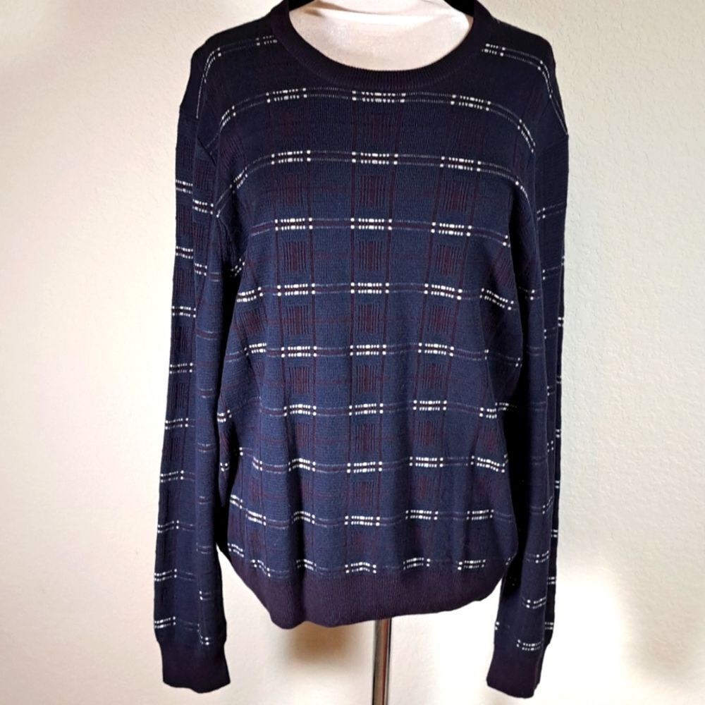 Perry Ellis Men’s Sweater Wool Blend Size XL Navy Multi Plaid Crew Neck Logo